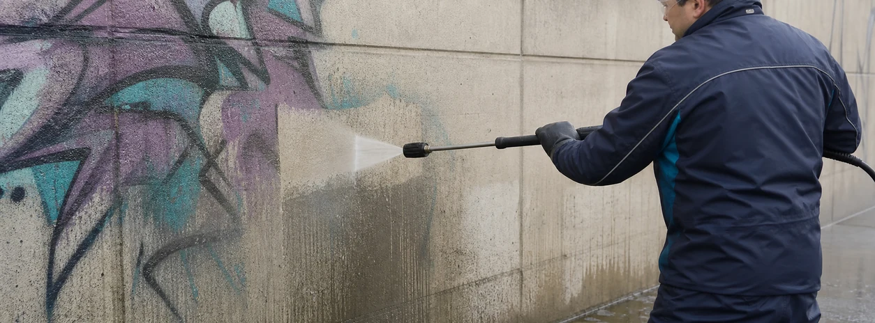 Profesionalno uklanjanje grafita s betonskog zida visokotlačnim peračem